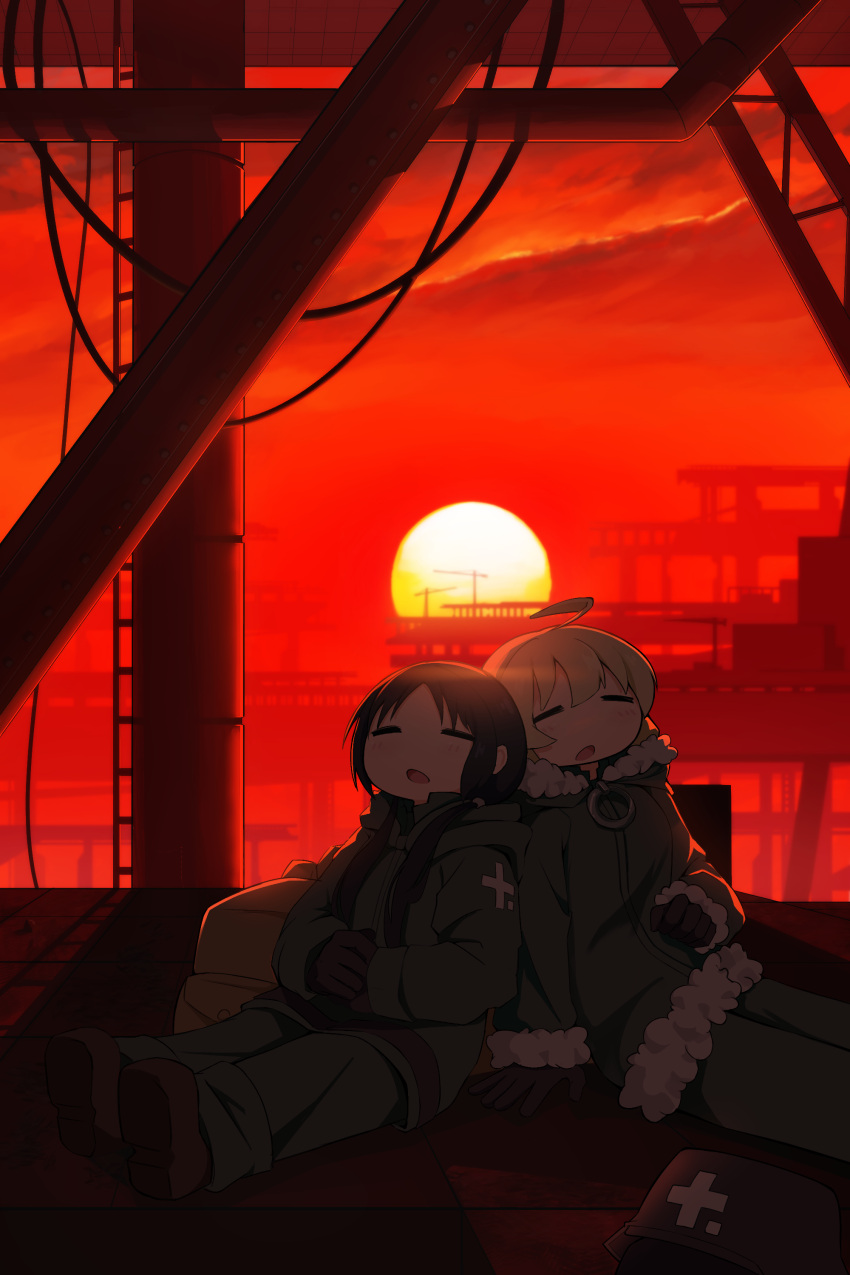 2girls, absurdres, ahoge, black_gloves, blonde_hair, blush, chito_(shoujo_shuumatsu_ryokou), closed_eyes
