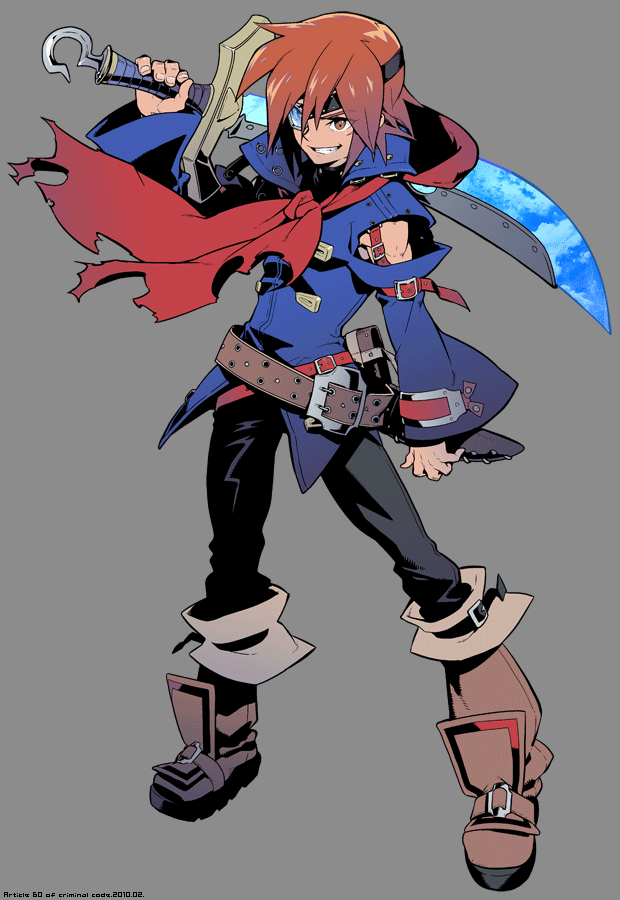 ascot, bare_shoulders, belt, boots, brown_eyes, brown_hair, buckle, cloud, eternal_arcadia, eyepatch, fujimoto_hideaki, grin, hook, jacket, male, reflection, scar, sheath, simple_background, sky, smile, solo, sword, vyse, weapon