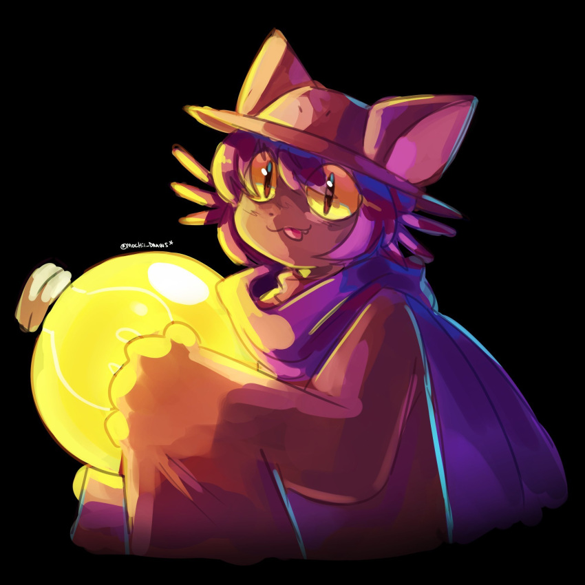 1:1, 1other, 2026, 2d, ambiguous_gender, animal_ears, artist_name, black_background, blue_scarf, brown_eyes, colored_sclera, commentary, dark, dark_background, digital_media, english_commentary, fake_animal_ears, glowing, hat, highres, holding, holding_bulb, light_bulb, mochiidraws, niko_(oneshot), oneshot_(game), other_focus, oversized_sweater, purple_hair, scarf, short_hair, simple_background, solo, yellow_sclera