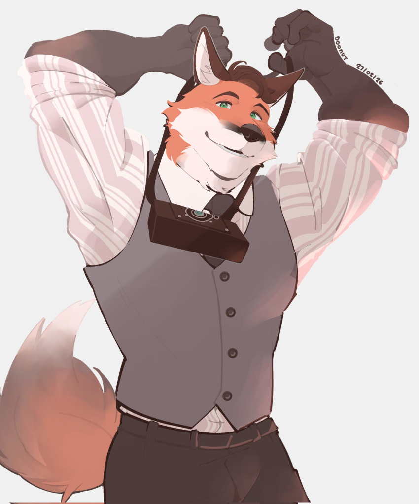 1boy, animal_ears, arms_up, artist_name, black_pants, camera, camera_around_neck, dated