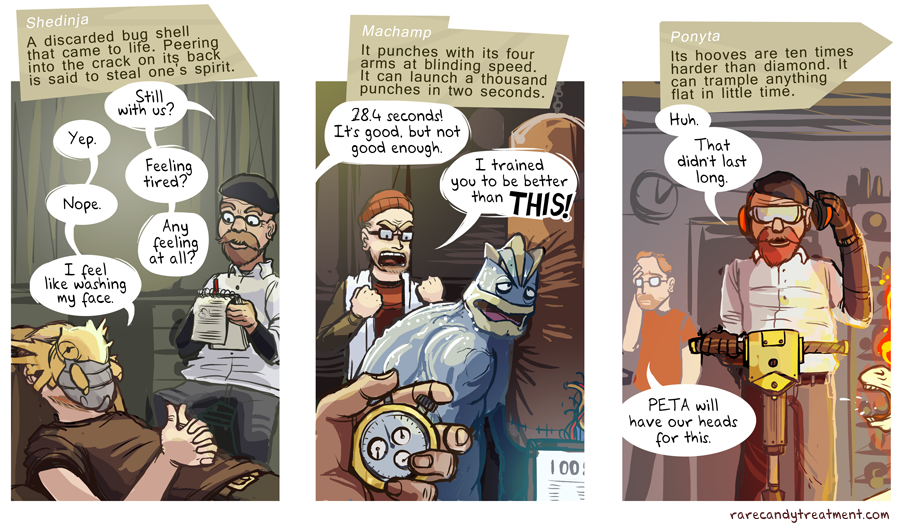 adam_savage, angry, beard, beret, bummerdude, comic, english, facial_hair, fiery_hair, fire, glasses, hat, jamie_hyneman, machamp, mythbusters, pokemon, pokemon_(creature), ponyta, ponyta_(cameo), shedinja, tired, truth, watermark, web_address, writing