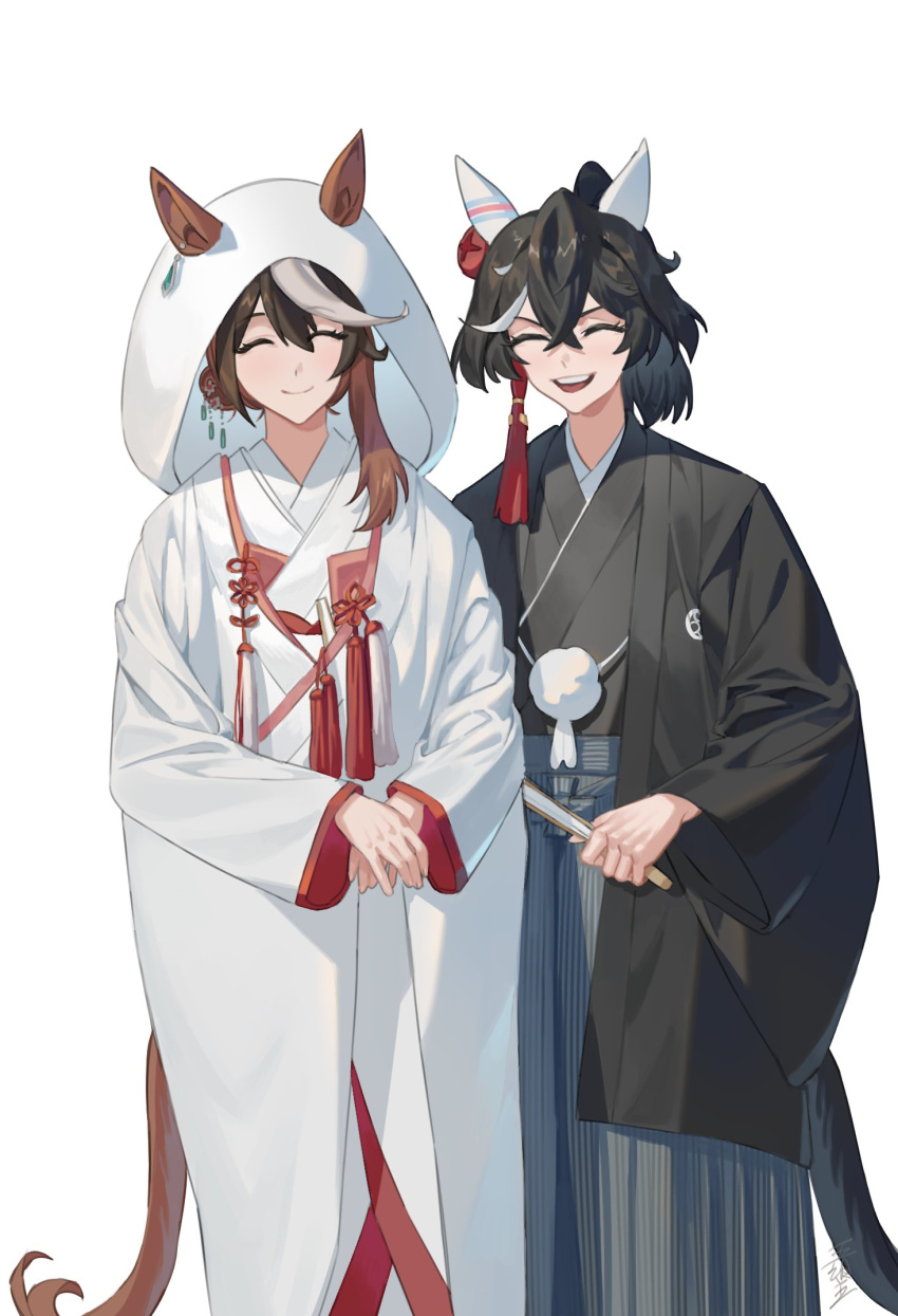 animal_ears, black_hair, black_kimono, blush, bride, brown_hair, closed_eyes, closed_mouth