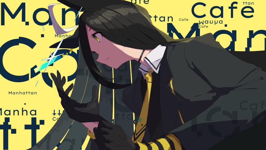 1girl, absurdres, adjusting_clothes, adjusting_gloves, animal_ears, black_choker, black_coat, black_gloves, black_shirt, character_name, choker, coat, collared_shirt, commentary_request, contrast_collar, dice0043, gloves, hair_between_eyes, hands_up, highres, horse_ears, horse_girl, long_bangs, long_hair, long_hair_between_eyes, long_sleeves, manhattan_cafe_(umamusume), necktie, open_clothes, open_coat, shirt, solo, umamusume, very_long_hair, yellow_background, yellow_eyes, yellow_necktie