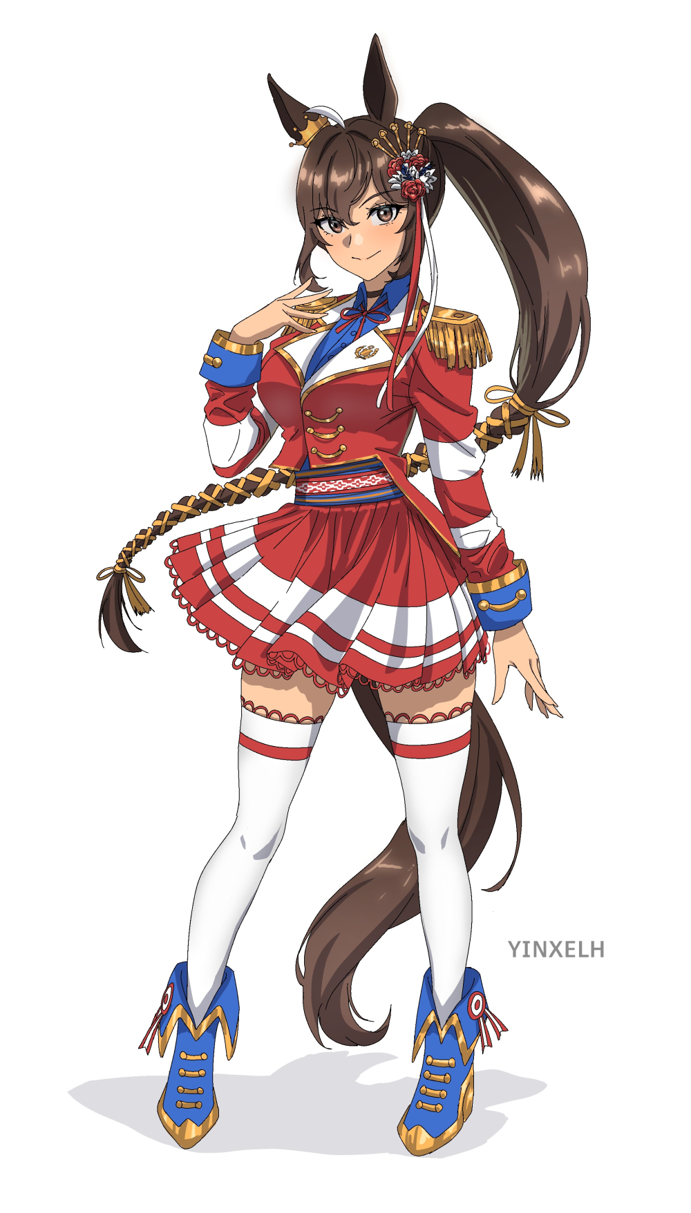 1girl, ahoge, animal_ears, artist_name, blue_boots, blue_sash, blue_shirt, blue_wrist_cuffs