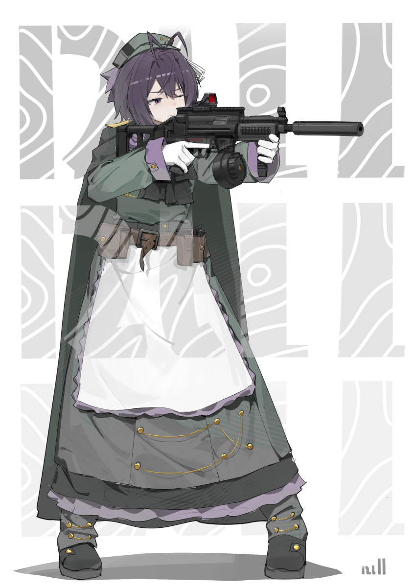 1girl, absurdres, aiming, ammunition_belt, ammunition_pouch, antenna_hair, apron, belt, bow, bowtie, commentary_request, dress, drum_magazine, gloves, gun, h&amp;k_mp5, hat, highres, magazine_(weapon), military_combat_uniform, military_hat, military_uniform, null_(user_zske3258), one_eye_closed, optical_sight, original, pouch, purple_hair, shadow, short_hair, submachine_gun, suppressor, tactical_clothes, trigger_discipline, violet_eyes, weapon, white_gloves