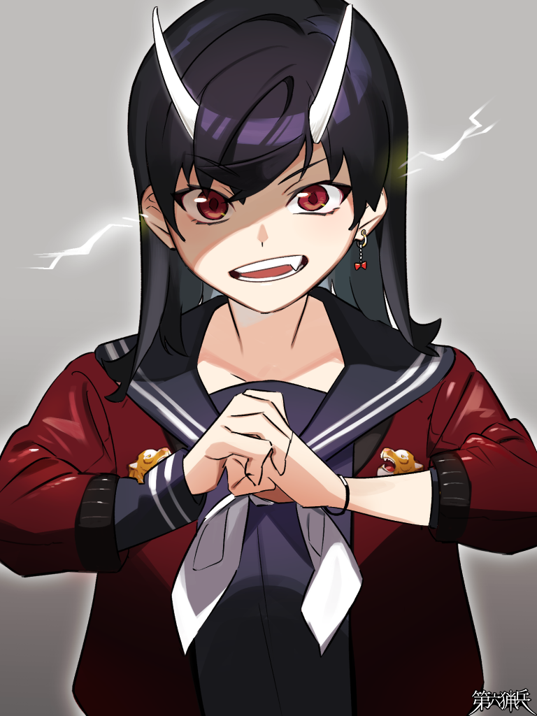 1girl, black_hair, black_serafuku, dairoku_ryouhei, earrings, fang, horns, itsuya_(mohumohu0521)