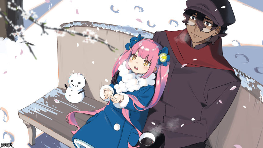 1boy, 1girl, :d, black_gloves, black_hair, blue_coat, blunt_bangs, blurry
