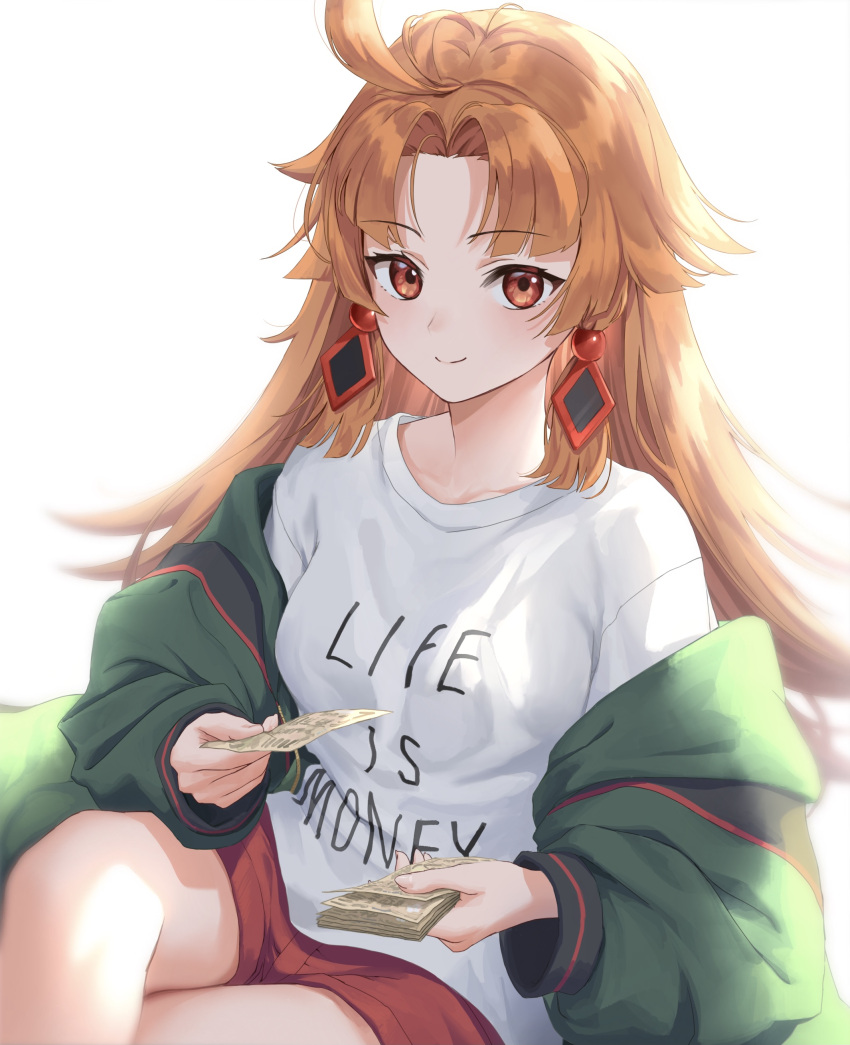 1girl, absurdres, ahoge, banknote, closed_mouth, commentary, crossed_legs, enma_ema