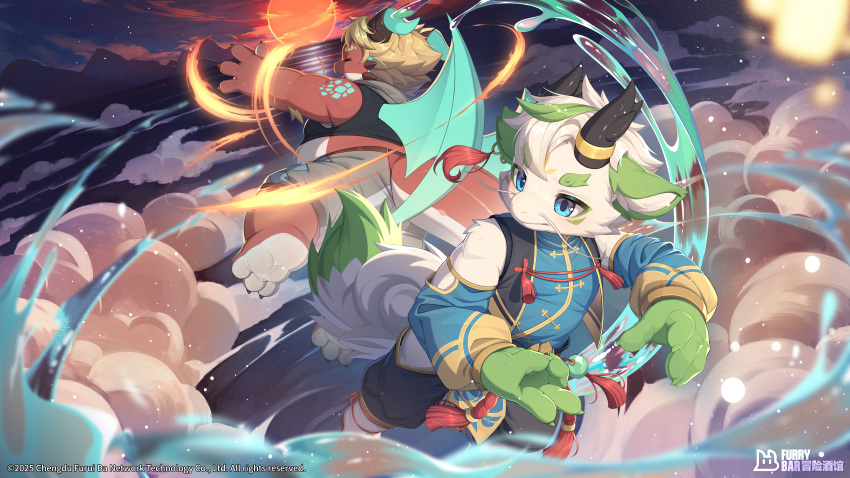 2boys, absurdres, artist_request, barefoot, baron_(furrybar), black_shirt, black_tank_top, brown_shorts, chinese_clothes, chinese_commentary, claws, closed_eyes, closed_mouth, clouds, commentary_request, copyright_logo, copyright_name, copyright_notice, dragon_boy, dragon_ears, dragon_horns, dragon_tail, furry, furry_male, furrybar, highres, horns, lingo_(furrybar), logo, male_focus, multiple_boys, official_art, open_mouth, shirt, shorts, sleeveless, sleeveless_shirt, tail, tank_top