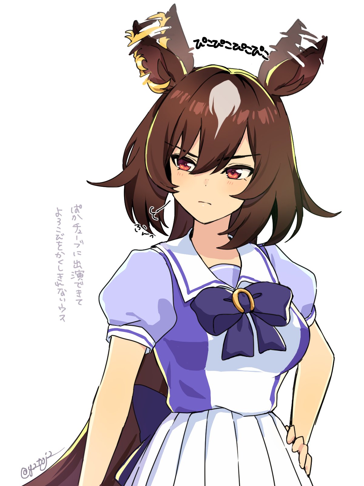 1girl, animal_ears, blush, bow, bowtie, breasts, brown_hair, closed_mouth