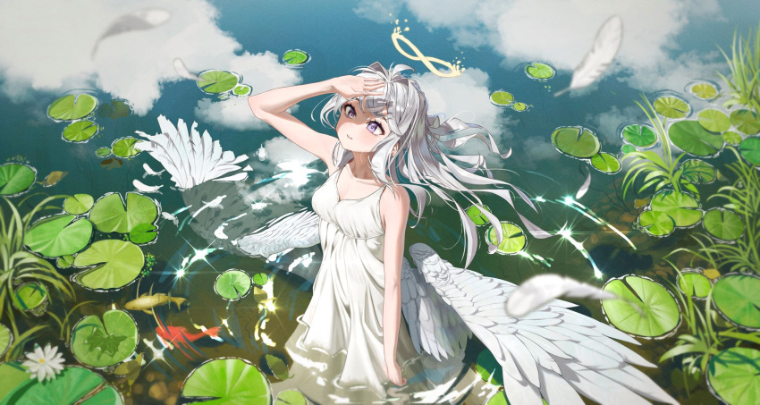 1girl, angel, angel_wings, arm_up, bare_arms, bare_shoulders, blush, breasts