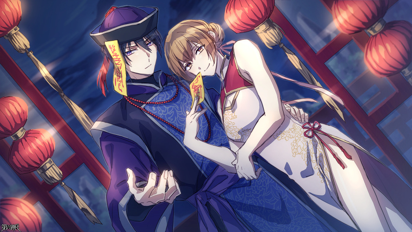 1boy, 1girl, beads, black_hair, brown_eyes, brown_hair, china_dress, chinese_clothes