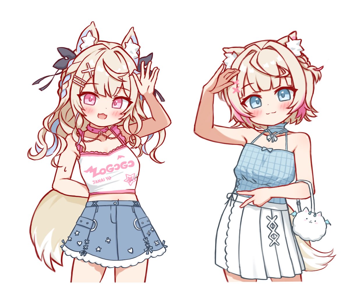 2girls, animal_ear_fluff, animal_ears, bandaid, bandaid_hair_ornament, blonde_hair, blue_camisole, blue_eyes, blue_streaks, camisole, collar, commentary, crop_top, dog_ears, dog_girl, dog_tail, frilled_camisole, frills, fuwawa_abyssgard, fuwawa_abyssgard_(casual), gba_jasjas, hair_ornament, hairband, hololive, hololive_english, mococo_abyssgard, mococo_abyssgard_(casual), multicolored_hair, multiple_girls, pink_collar, pink_eyes, pink_hairband, pink_streaks, siblings, simple_background, sisters, skirt, streaked_hair, tail, twins, virtual_youtuber, white_background