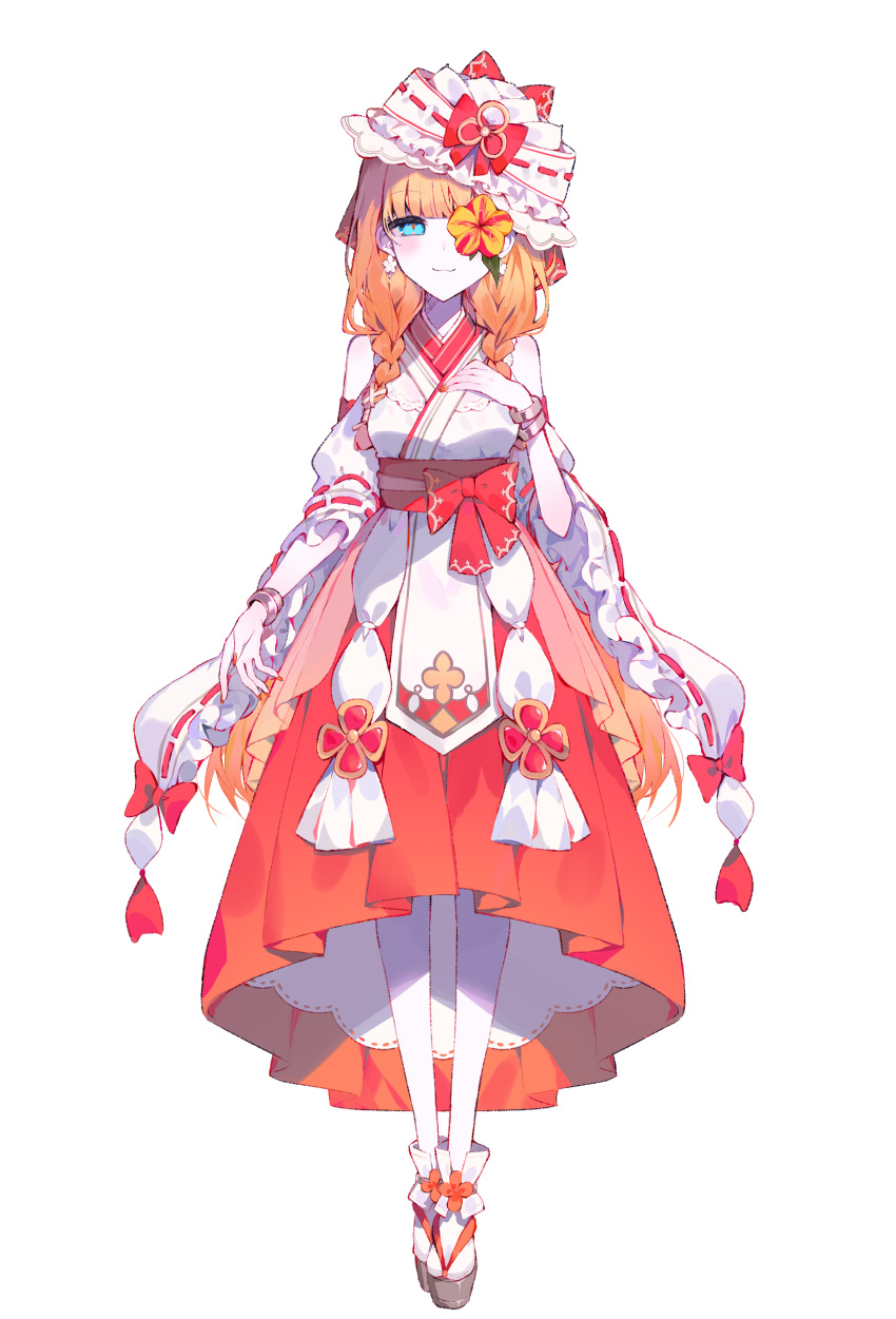 1girl, :3, absurdres, blonde_hair, blue_eyes, blunt_bangs, bow, bracelet, braid, breasts, closed_mouth, earrings, flower, flower_earrings, flower_over_eye, frilled_hat, frilled_sleeves, frills, full_body, gradient_background, hakama, hakama_skirt, hand_on_own_chest, hand_up, hat, hat_bow, highres, japanese_clothes, jewelry, kimono, long_hair, long_sleeves, looking_at_viewer, low_twin_braids, mahou_shoujo_no_inshuu_mura, medium_breasts, nail_polish, nontraditional_miko, official_art, orange_nails, red_bow, red_sash, red_skirt, ribbon-trimmed_hat, ribbon-trimmed_sleeves, ribbon_trim, sandals, sash, second-party_source, shiba_chihane, simple_background, skirt, smile, socks, solo, standing, tachi-e, transparent_background, twin_braids, umemaro_(siona0908), white_hat, white_kimono, white_socks, wide_sleeves, yellow_flower