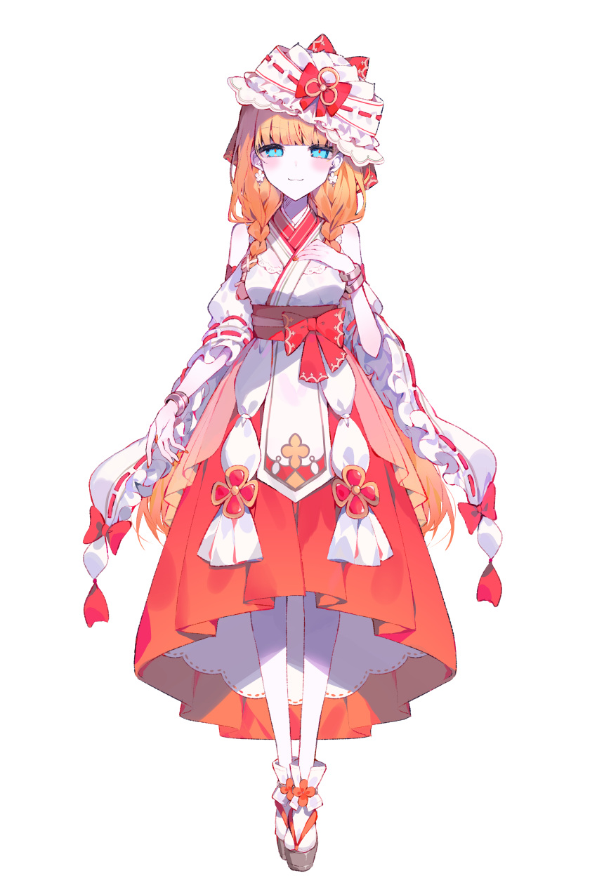 1girl, absurdres, blonde_hair, blue_eyes, blunt_bangs, bow, bracelet, braid, breasts, closed_mouth, earrings, flower_earrings, frilled_hat, frilled_sleeves, frills, full_body, gradient_background, hakama, hakama_skirt, hand_on_own_chest, hand_up, hat, hat_bow, highres, japanese_clothes, jewelry, kimono, long_hair, long_sleeves, looking_at_viewer, low_twin_braids, mahou_shoujo_no_inshuu_mura, medium_breasts, nail_polish, nontraditional_miko, official_art, orange_nails, red_bow, red_sash, red_skirt, ribbon-trimmed_hat, ribbon-trimmed_sleeves, ribbon_trim, sandals, sash, second-party_source, shiba_chihane, simple_background, skirt, smile, socks, solo, standing, tachi-e, transparent_background, twin_braids, umemaro_(siona0908), white_hat, white_kimono, white_socks, wide_sleeves