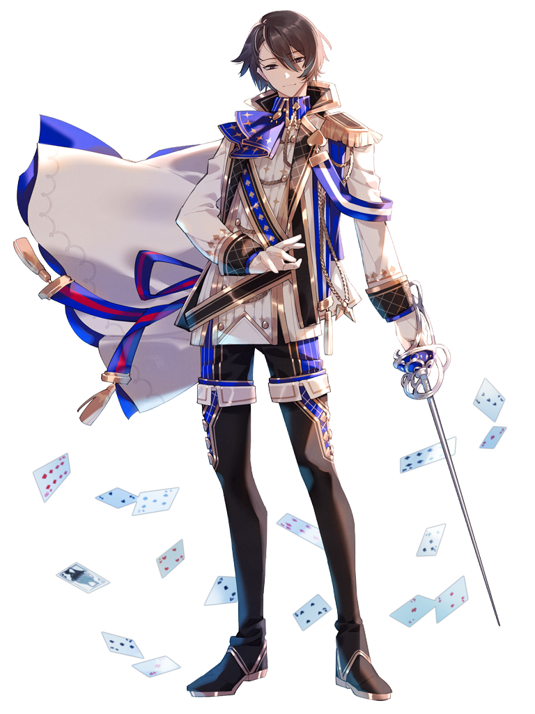 1boy, aiguillette, ascot, black_boots, blue_ascot, boots, brown_hair, card