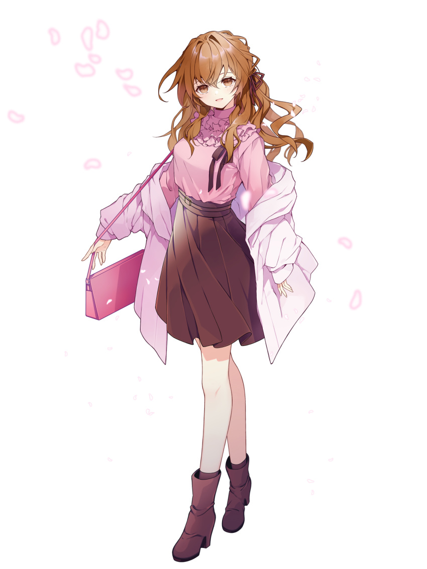 1girl, bag, black_boots, black_ribbon, black_skirt, black_socks, boots, brown_eyes