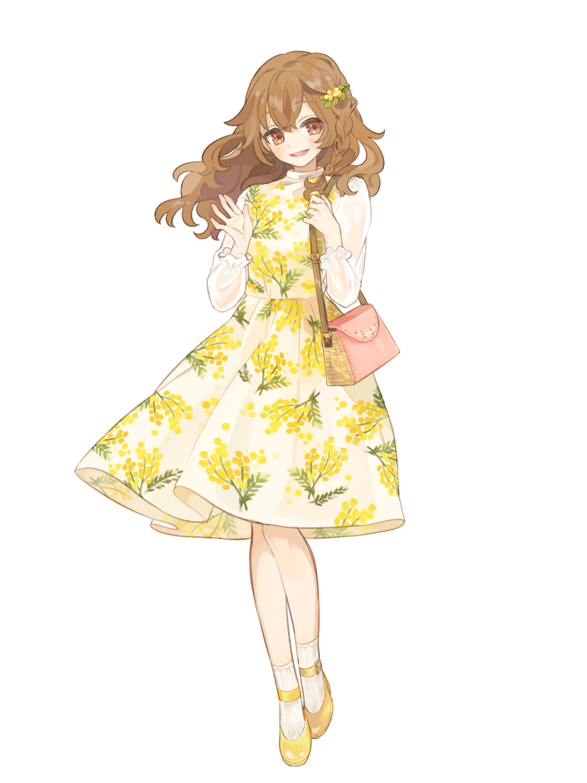 1girl, :d, bag, blush, braid, brown_eyes, brown_hair, dairoku_ryouhei