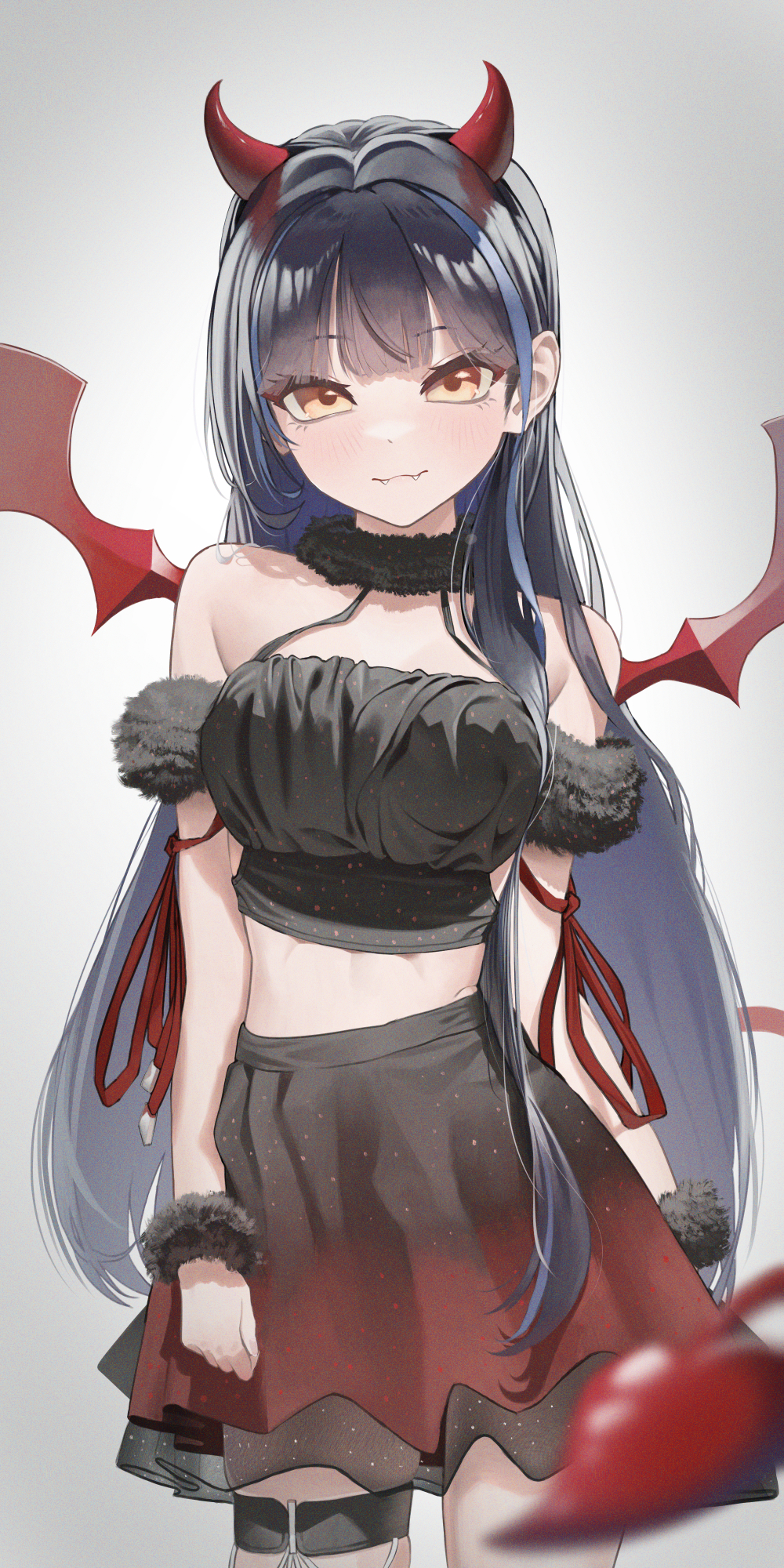 1girl, arm_strap, bare_shoulders, black_hair, black_shirt, black_skirt, black_tube_top, blue_hair