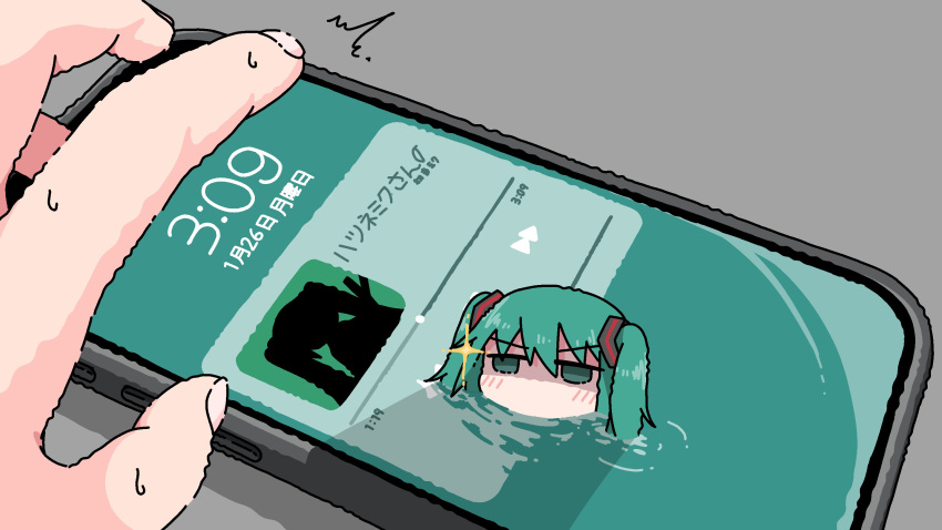 1girl, 1other, cellphone, emesan_desu, green_hair, hatsune_miku, highres, media_player_interface, mini_person, minigirl, phone, shaded_face, smartphone, sweat, twintails, vocaloid