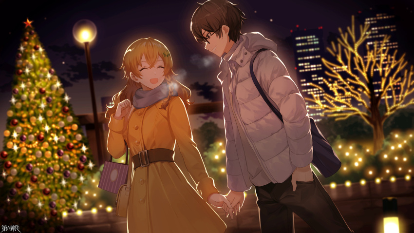 1boy, 1girl, :d, bag, belt, black_pants, braid, brown_hair