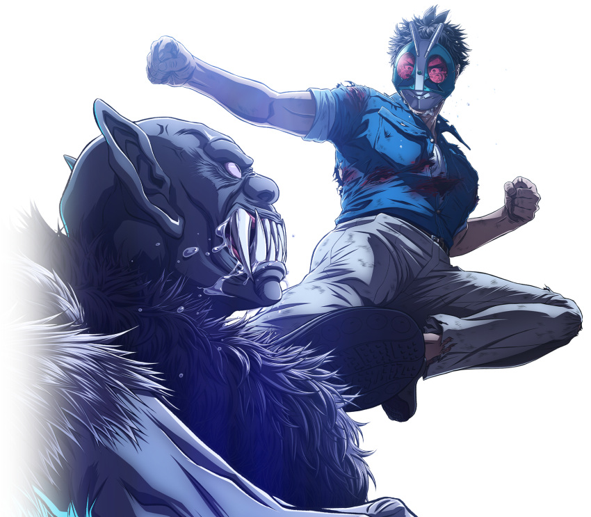 2boys, bald, bat_boy, black_hair, black_shoes, blood, blood_on_clothes, blue_jacket