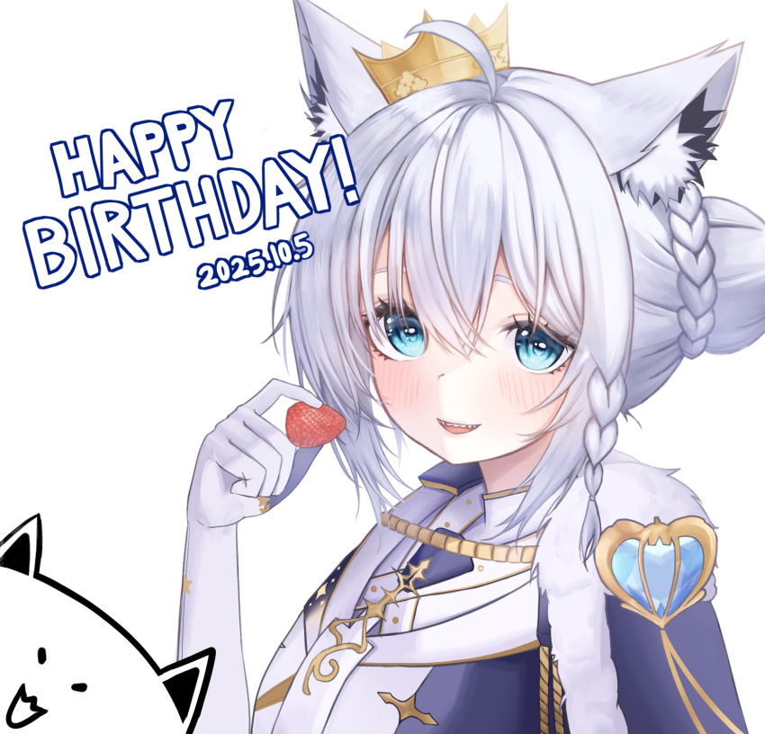 1girl, ahoge, animal_ears, aqua_eyes, braid, commentary, drawingmochi7, elbow_gloves, english_text, food, fox_ears, fox_girl, fruit, fubuzilla_(shirakami_fubuki), gloves, hair_between_eyes, happy_birthday, highres, holding, holding_food, hololive, looking_at_viewer, official_alternate_costume, shirakami_fubuki, shirakami_fubuki_(fbkingdom), simple_background, strawberry, untranslatable_commentary, virtual_youtuber, white_gloves, white_hair