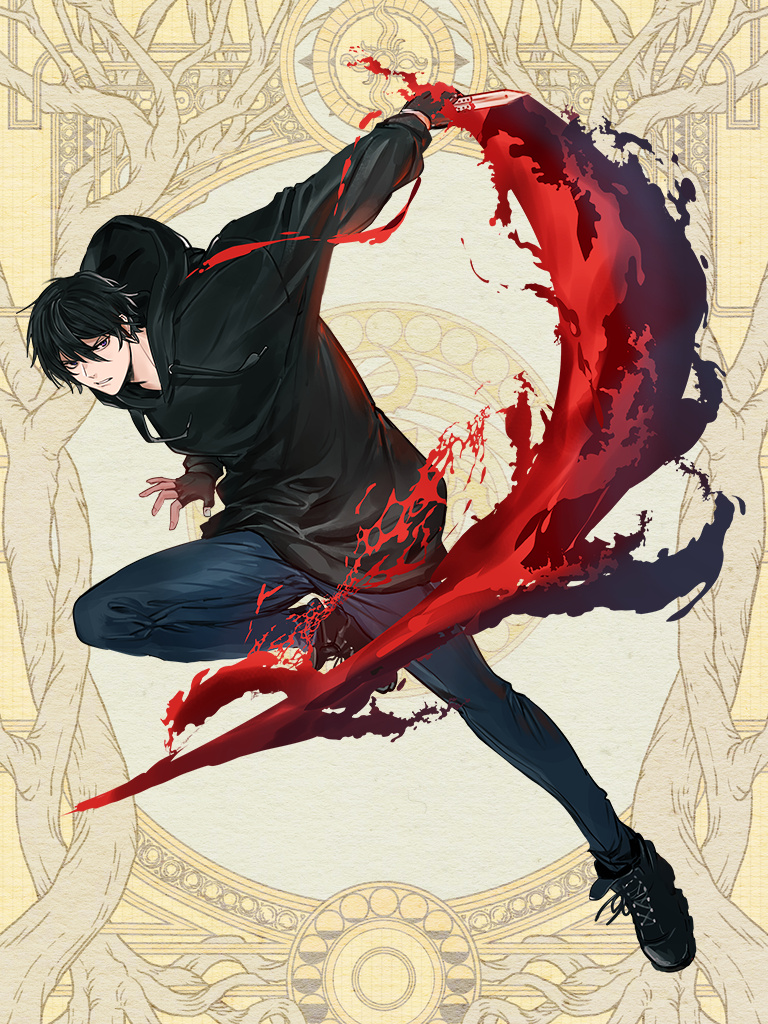 1boy, black_gloves, black_hair, black_hoodie, dairoku_ryouhei, fighting_stance, fingerless_gloves, full_body