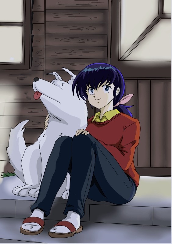 arm_around_neck, blue_hair, bow, building, collar, dog, glass, looking_up