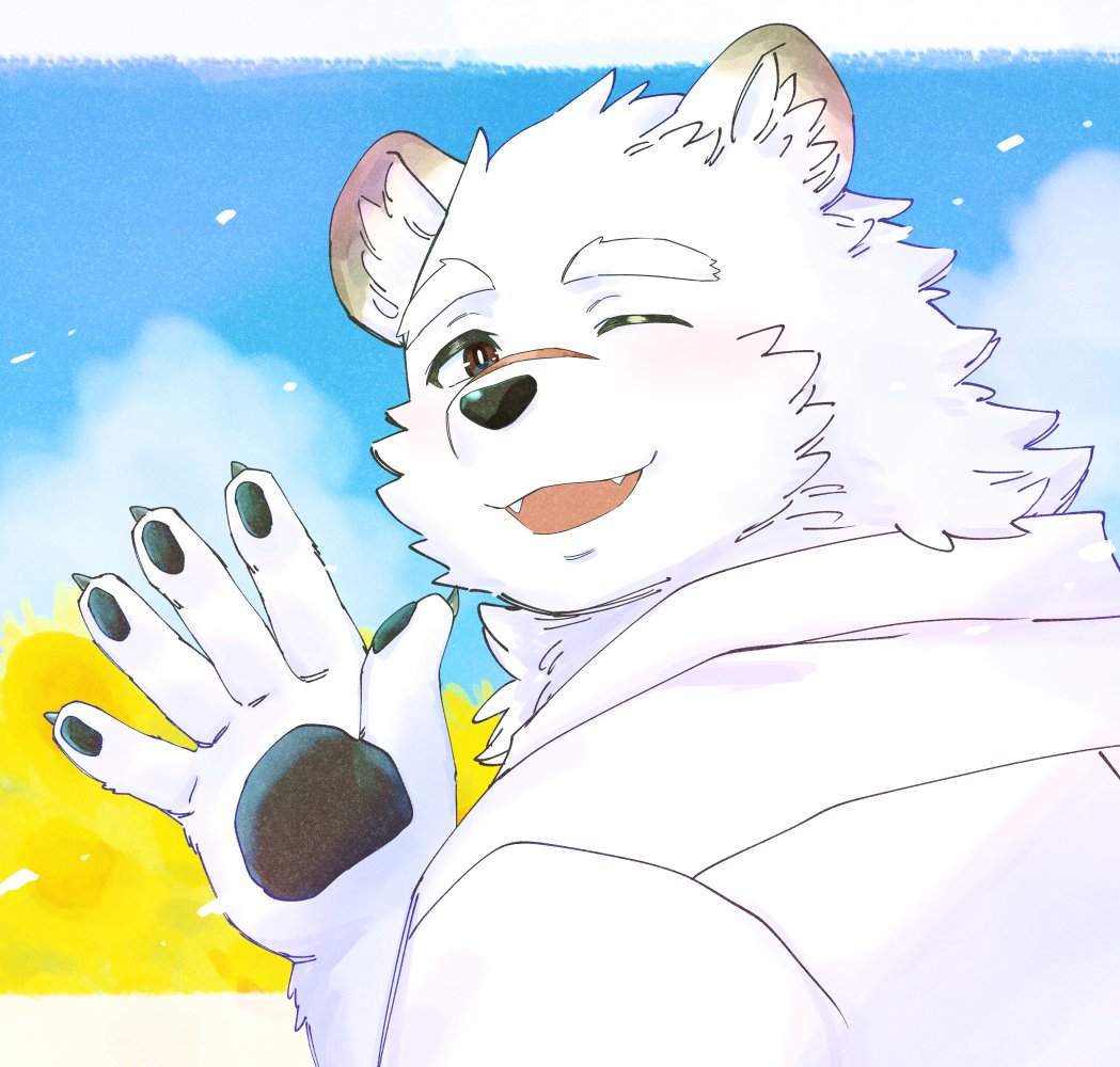 1boy, bear, blue_sky, claws, clouds, cloudy_sky, commentary, draw_two