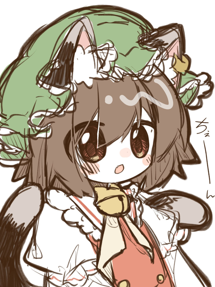 1girl, animal_ear_fluff, animal_ear_piercing, animal_ears, bell, blush, brown_eyes, brown_hair