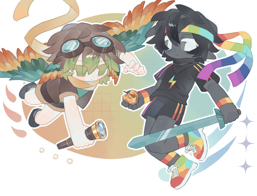 2boys, animification, apple, artist_request, bird_boy, bird_wings, black_hair, black_neckerchief