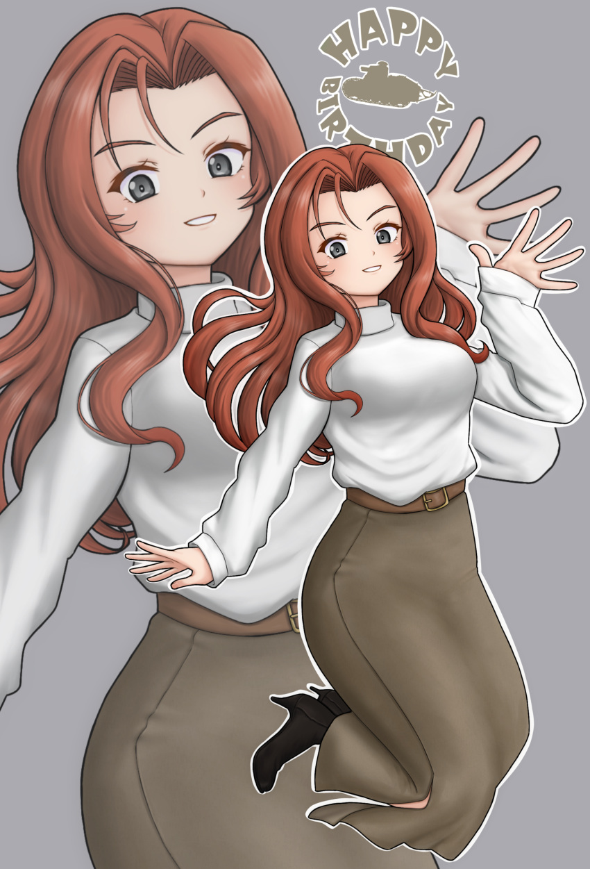 1girl, absurdres, amanone_yun, blush, brown_hair, commentary_request, girls_und_panzer, grey_background, grey_eyes, high_heels, highres, long_hair, looking_at_viewer, maiko_(girls_und_panzer), simple_background, skirt, smile, solo, sweater, white_sweater