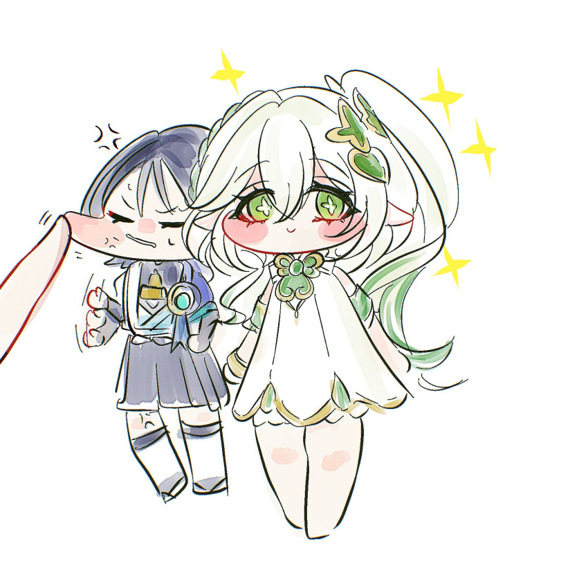 1boy, 1girl, anger_vein, annoyed, aqua_gem, arms_at_sides, barefoot, black_bridal_gauntlets