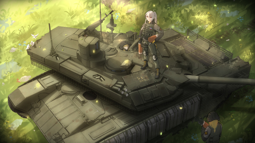 3girls, absurdres, blonde_hair, bulletproof_vest, commission, dated, flower, grass, helmet, highres, military, military_uniform, military_vehicle, motor_vehicle, multiple_girls, original, painlnajar, red_eyes, shadow, standing, sunlight, t-90, tank, white_hair