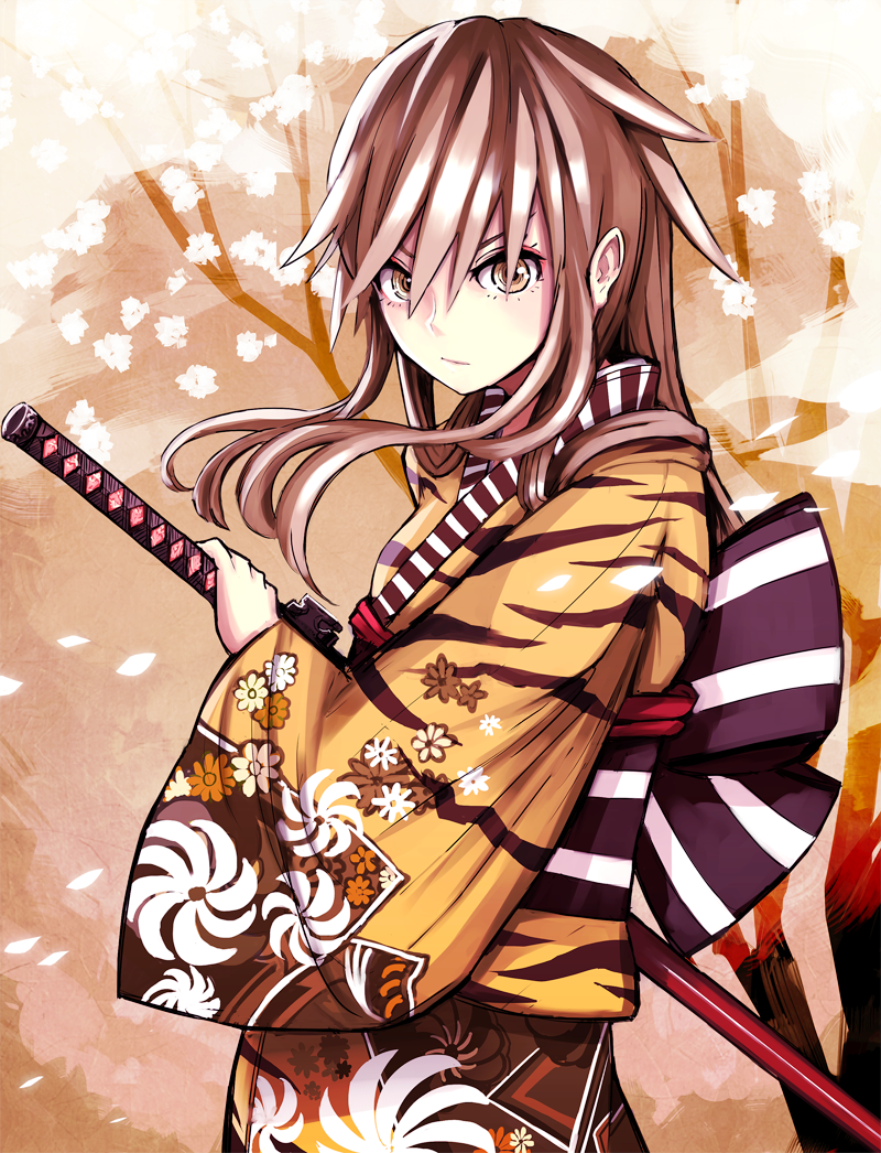 japanese_clothes, katana, kimono, long_hair, nosuku, obi, original, ready_to_draw, scabbard, sengoku_taisen, sheath, sheathed, solo, sword, tiger_print, toragozen, weapon, yellow_eyes