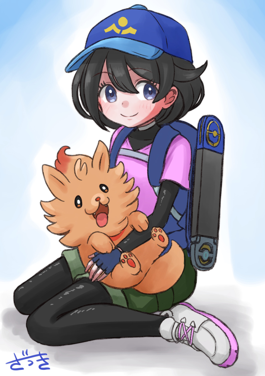 1girl, absurdres, backpack, bag, black_hair, black_leggings, blue_hat, closed_mouth