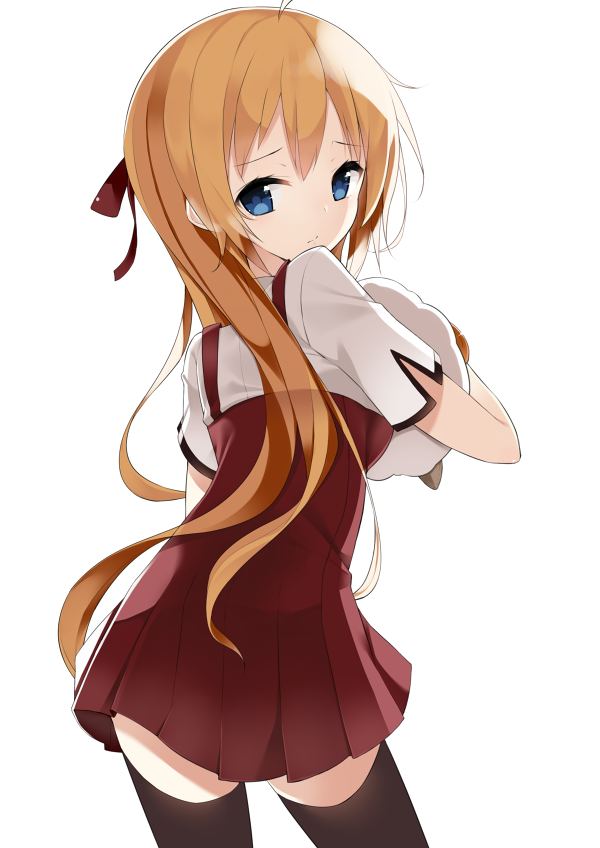 black_legwear, blue_eyes, doll, doll_hug, face, from_behind, hair_down, hair_ribbon