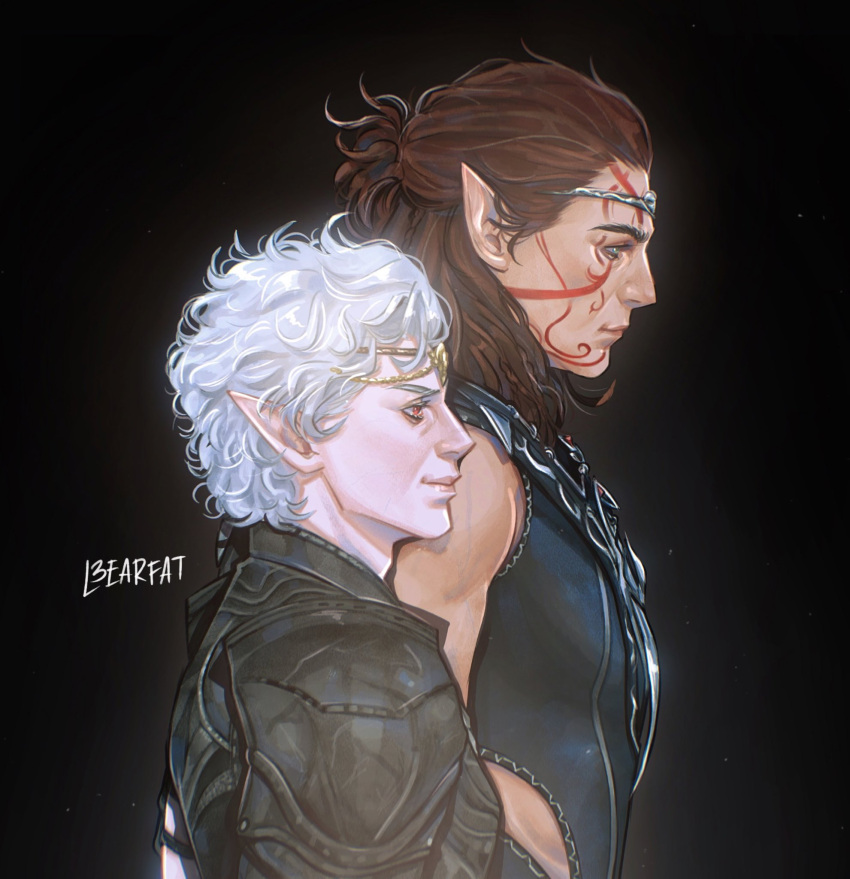 2boys, armor, artist_name, astarion, bags_under_eyes, baldur's_gate, baldur's_gate_3, bare_shoulders, black_armor, black_background, black_vest, brown_hair, closed_mouth, dungeons_&amp;_dragons, facial_mark, grey_hair, hair_pulled_back, half_updo, halsin, highres, l3earfat, male_focus, medium_hair, multiple_boys, pale_skin, parted_bangs, pointy_ears, profile, red_eyes, short_hair, shoulder_armor, upper_body, vest