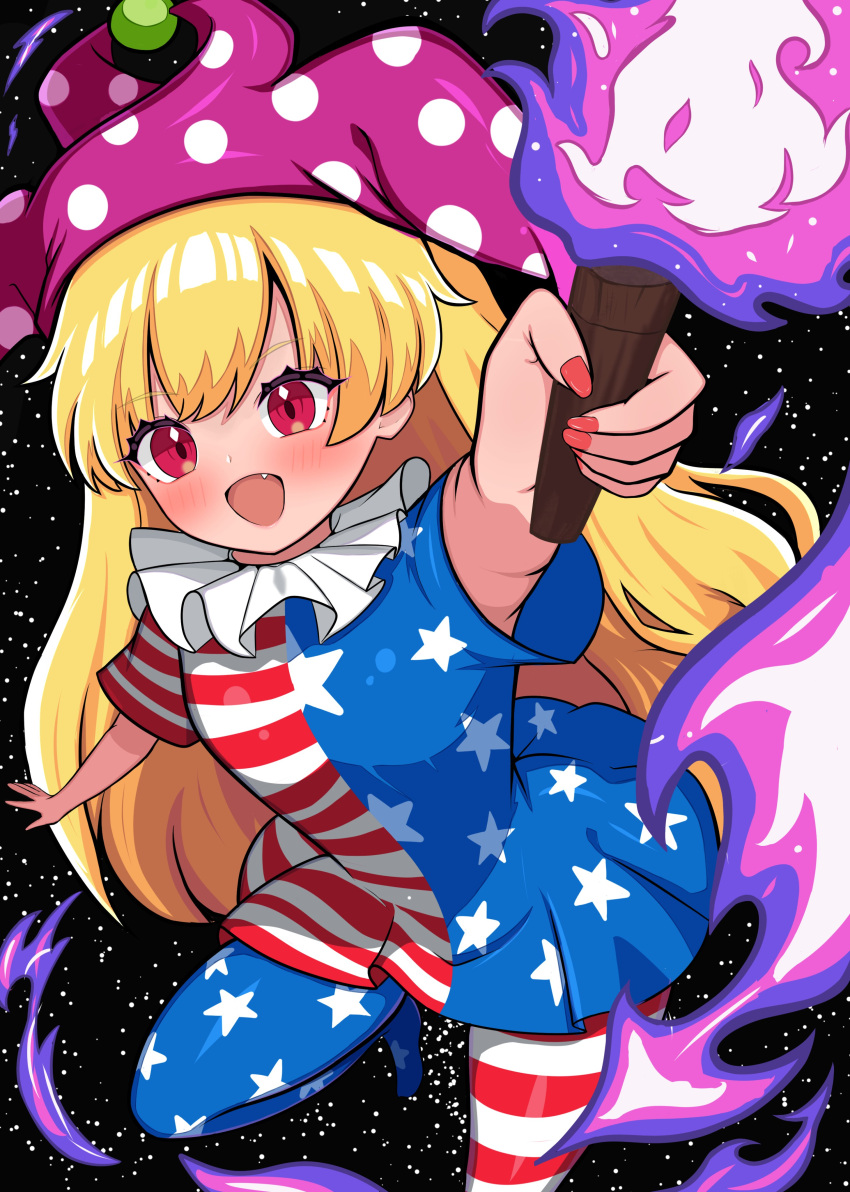 1girl, absurdres, american_flag_dress, american_flag_legwear, arm_up, beads, black_sky, blonde_hair