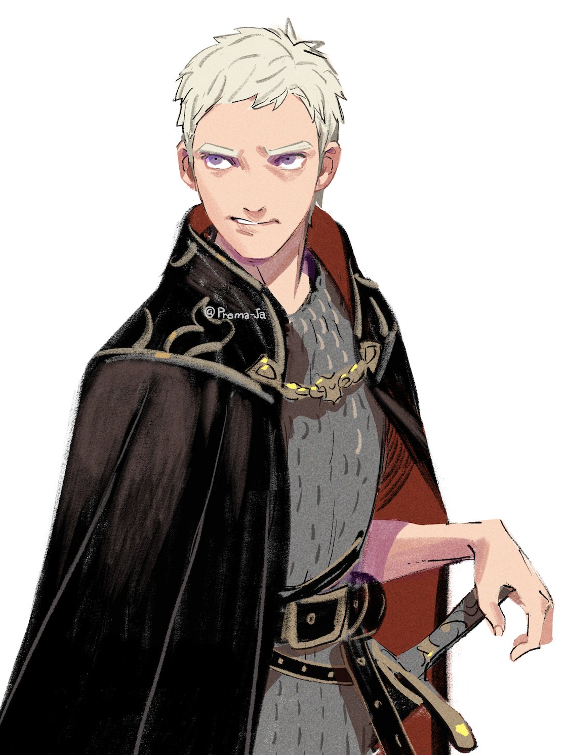 1boy, a_knight_of_the_seven_kingdoms, a_song_of_ice_and_fire, aerion_targaryen, armor, belt, belt_buckle, black_belt, black_cloak, buckle, chainmail, cloak, commentary, furrowed_brow, highres, holding, holding_sword, holding_weapon, male_focus, parted_lips, prema-ja, red_cloak, solo, sword, twintails, two-sided_cloak, two-sided_fabric, untranslatable_commentary, upper_body, violet_eyes, weapon, white_hair