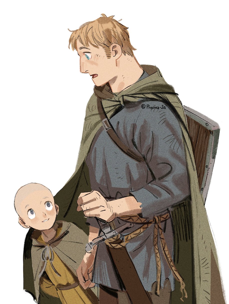 2boys, a_knight_of_the_seven_kingdoms, a_song_of_ice_and_fire, aegon_v_targaryen, bald, blonde_hair, blue_eyes, blue_tunic, child, cloak, duncan_the_tall, green_cloak, grey_cloak, height_difference, highres, holding, holding_sword, holding_weapon, looking_at_another, male_focus, multiple_boys, open_mouth, orange_tunic, parted_lips, prema-ja, shield, shield_on_back, short_hair, smile, sword, tunic, twitter_username, weapon, white_background