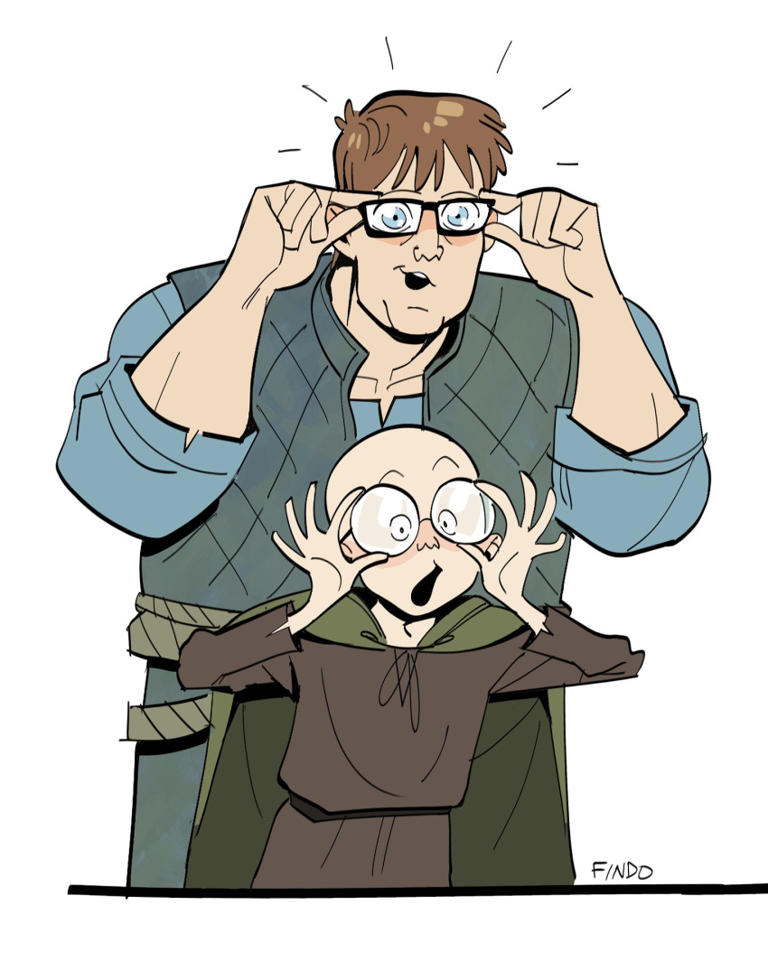 2boys, a_knight_of_the_seven_kingdoms, a_song_of_ice_and_fire, adjusting_eyewear, aegon_v_targaryen, artist_name, bald, blue_eyes
