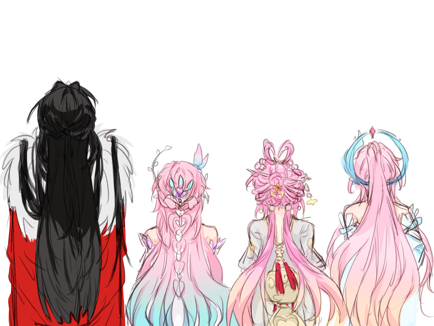 1boy, 3girls, absurdres, aemeath_(wuthering_waves), aqua_hair, black_hair, cape, chinese_commentary