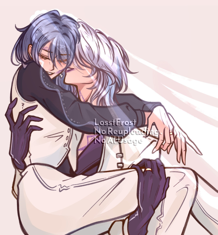 2girls, black_gloves, black_shirt, carrying, carrying_person, chief_(path_to_nowhere), closed_eyes, commentary, english_commentary, female_chief_(path_to_nowhere), gloves, highres, jacket, jewelry, lipstick_mark, lipstick_mark_on_face, long_hair, losstfrost, multiple_girls, pants, parted_lips, path_to_nowhere, purple_hair, ring, shirt, smile, vest, watermark, wedding_ring, white_jacket, white_pants, white_vest, wife_and_wife, yuri, zoya_(path_to_nowhere)