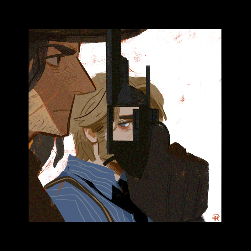 2boys, arthur_morgan, beard, black_border, black_necktie, blonde_hair, blue_eyes, blue_shirt