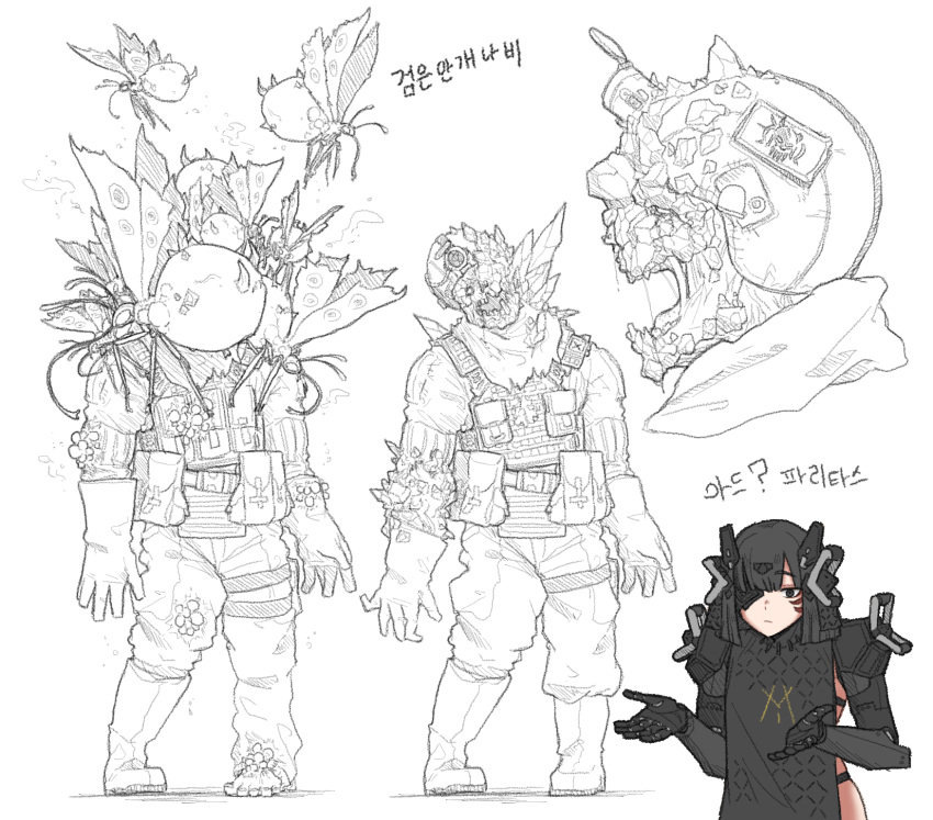 1boy, 1girl, adeline_(girls'_frontline), black_hair, combat_helmet, crystal, elid_(girls'_frontline), giant_insect