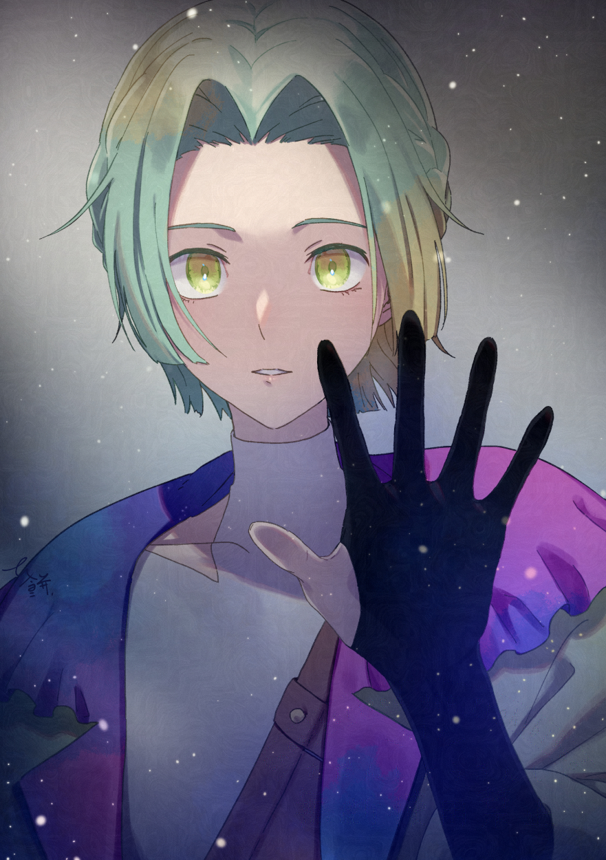 1other, against_fourth_wall, black_gloves, braid, coat, collarbone, commentary_request, contrast_collar