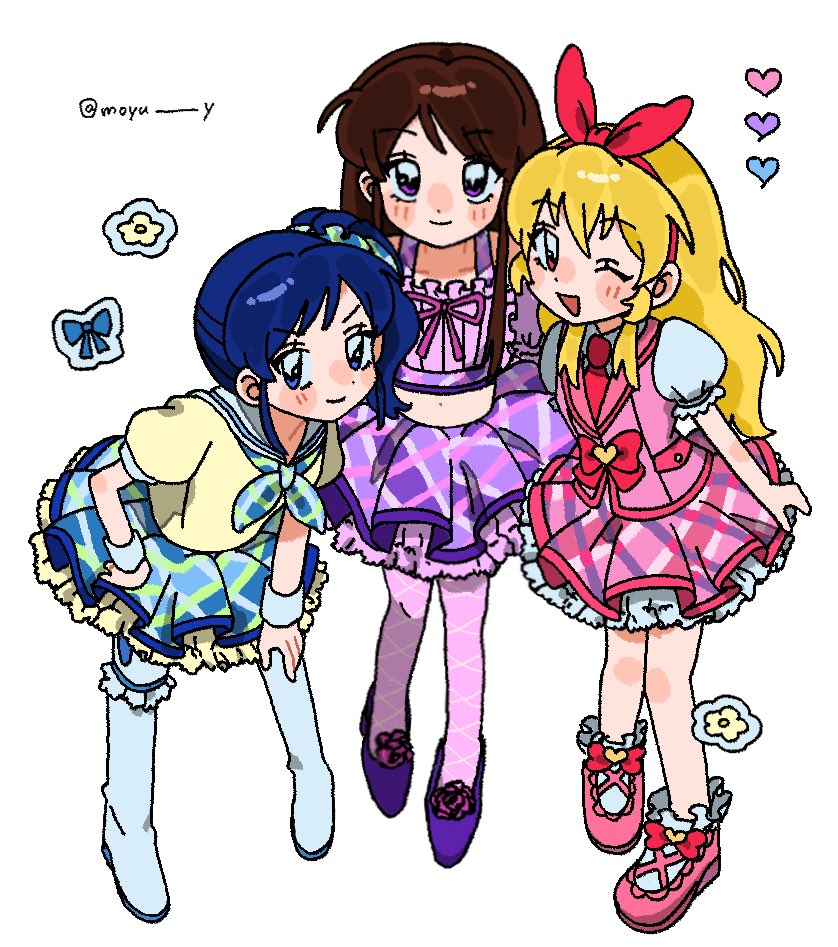 3girls, aikatsu!, aikatsu!_(series), blonde_hair, blue_eyes, blue_hair, blush, boots