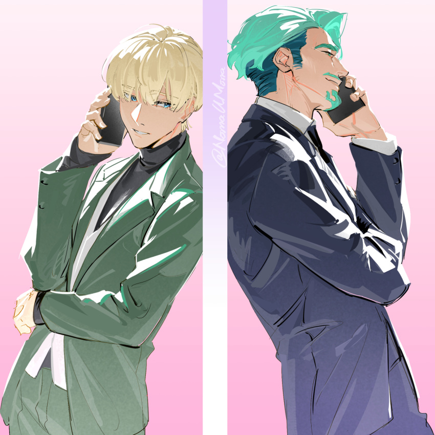 2boys, aqua_hair, beard, black_jacket, black_pants, black_shirt, black_suit, blonde_hair, blue_eyes, challia_bull, char_aznable, closed_mouth, collared_shirt, commentary_request, cowboy_shot, facial_hair, goatee, green_jacket, green_pants, green_suit, gundam, gundam_gquuuuuux, hair_between_eyes, highres, jacket, male_focus, multiple_boys, mustache, nomaumona, pants, parted_lips, pink_background, shirouzu_(gundam), shirt, short_hair, smile, suit, suit_jacket, talking_on_phone, turtleneck, twitter_username, vest, waistcoat, white_shirt, white_vest